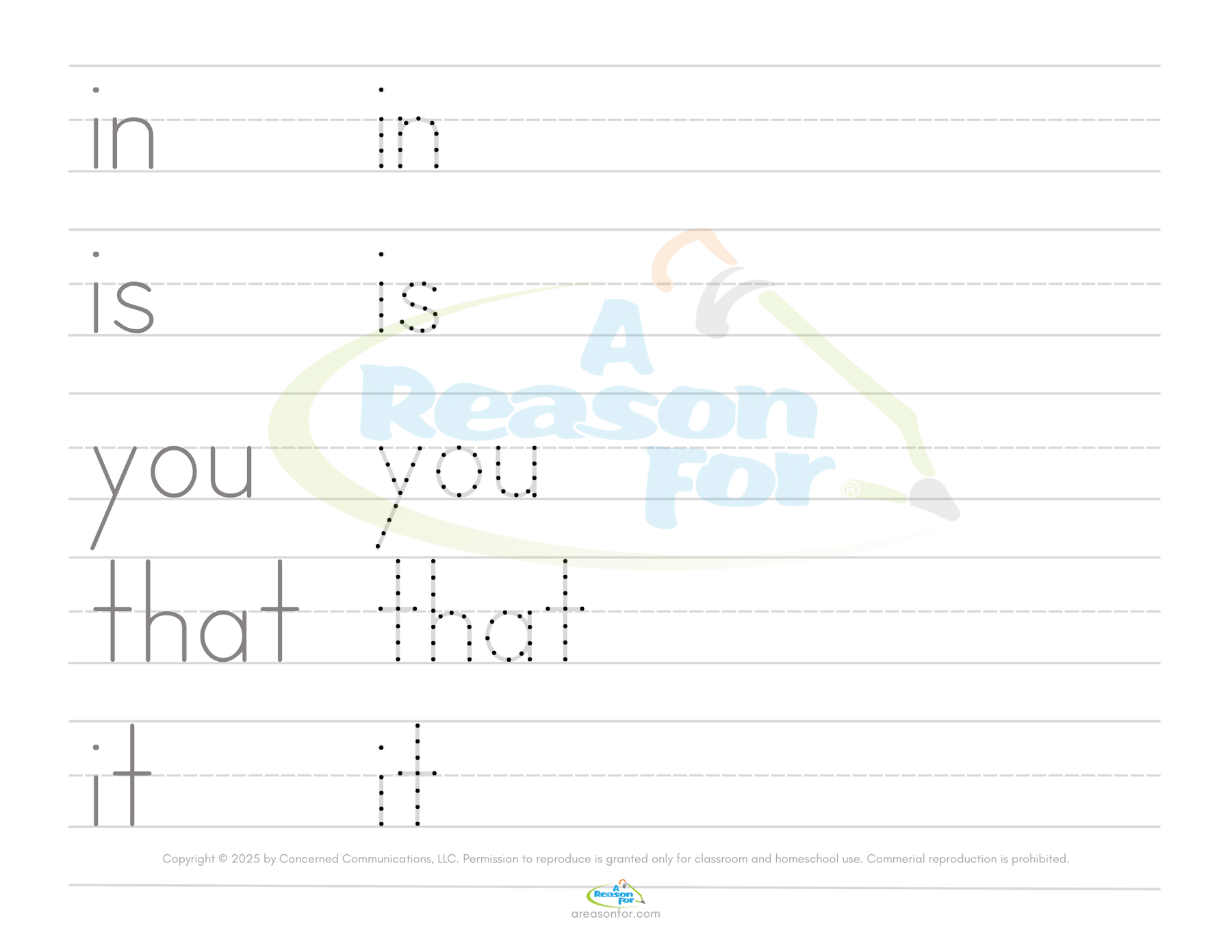 Free Handwriting Practice Sheets - Fry's First Sight Words 1 - 25